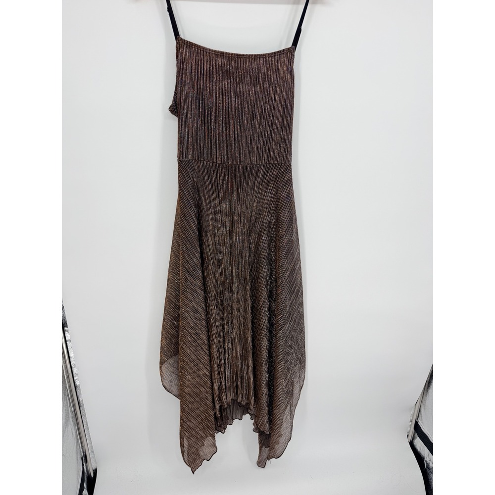 bebe Pleated Handkerchief Hem Dress M Bronze Metallic Shimmer Glam Y2K‎ Party